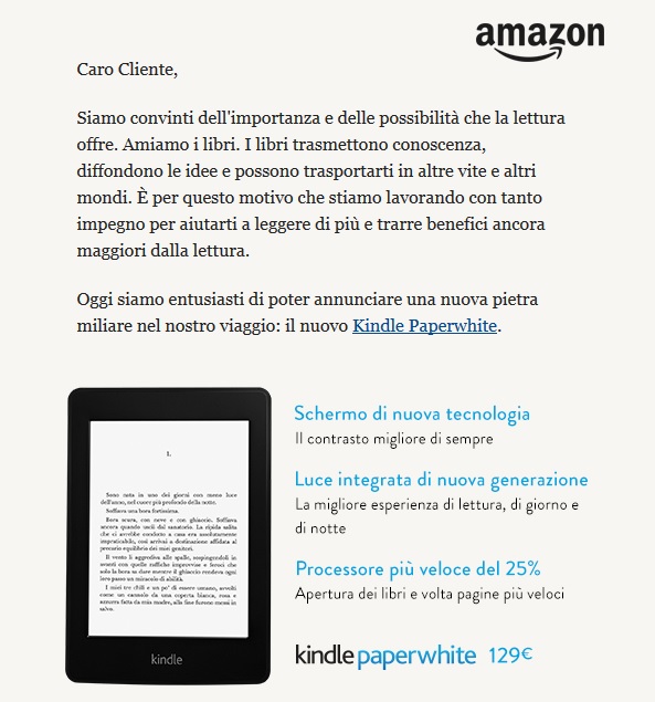 l'annuncio dell'uscita del nuovo Kindle Paperwhite sul sito di Amazon